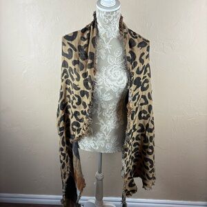 Maurices Brown and Tan Scarf Wrap Reversible Animal Print Plaid Raw Fringe Hem